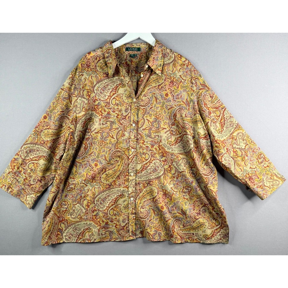 Lauren Ralph Lauren Button Up Shirt Womens 3X Multicolor‎ Paisley Cotton Blouse